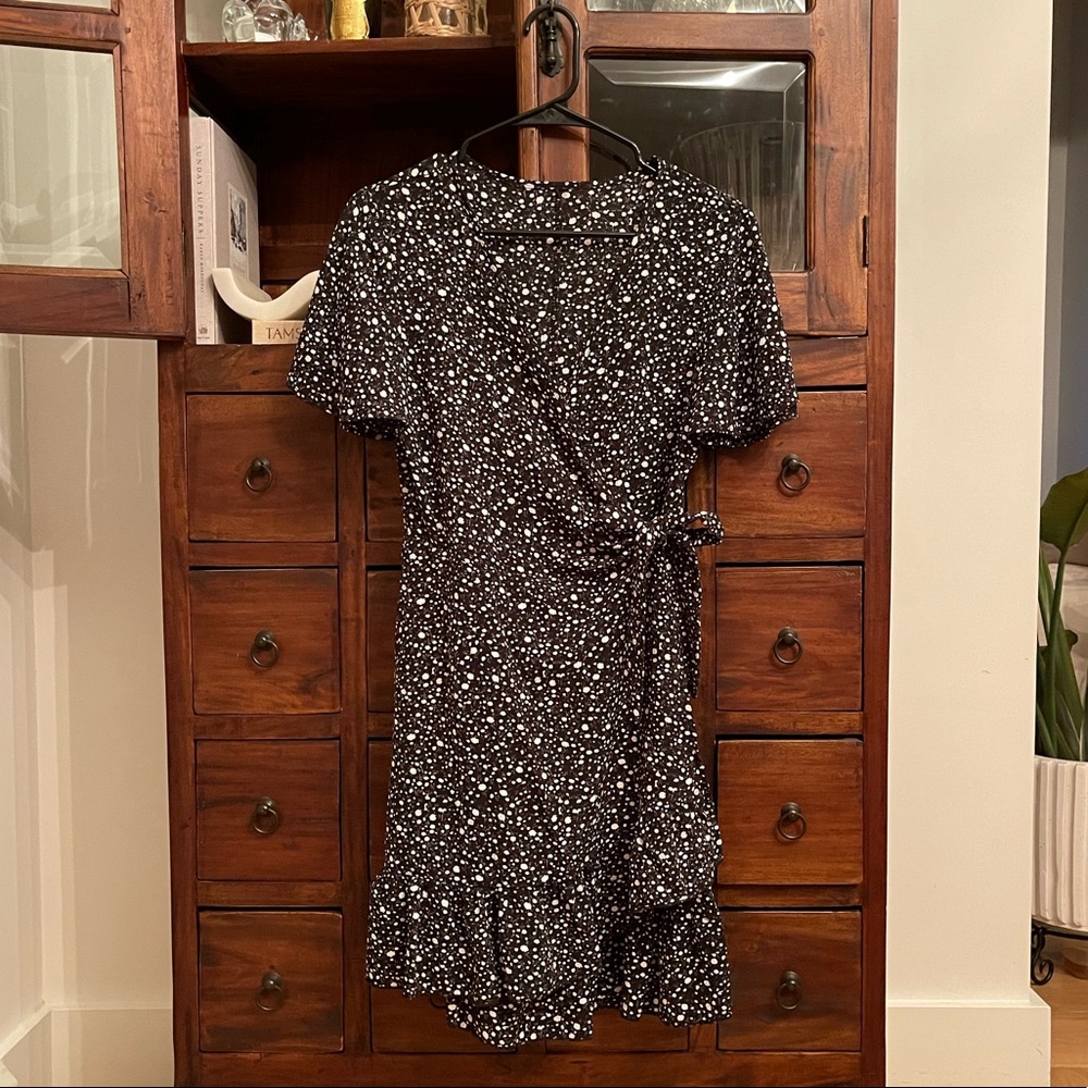 Black and white floral wrap dress